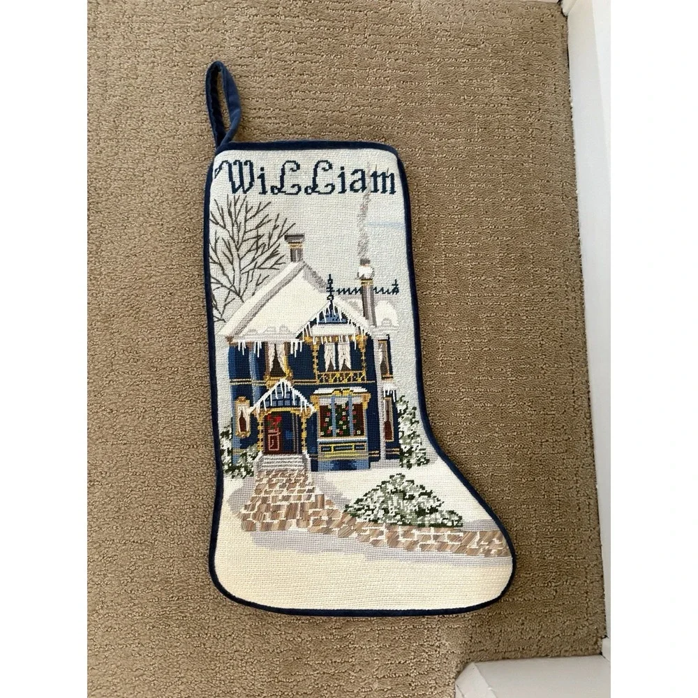 Vtg Needlepoint Stocking Christmas Blue Velvet Backed 20 